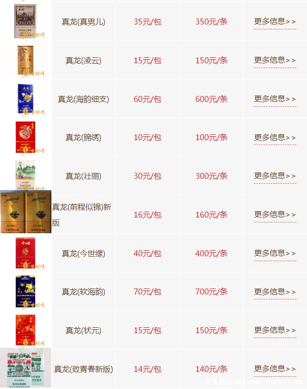 250元/条(50元/听)真龙(听天韵)烤烟型 硬 23元一包真龙(佳韵)烤烟型